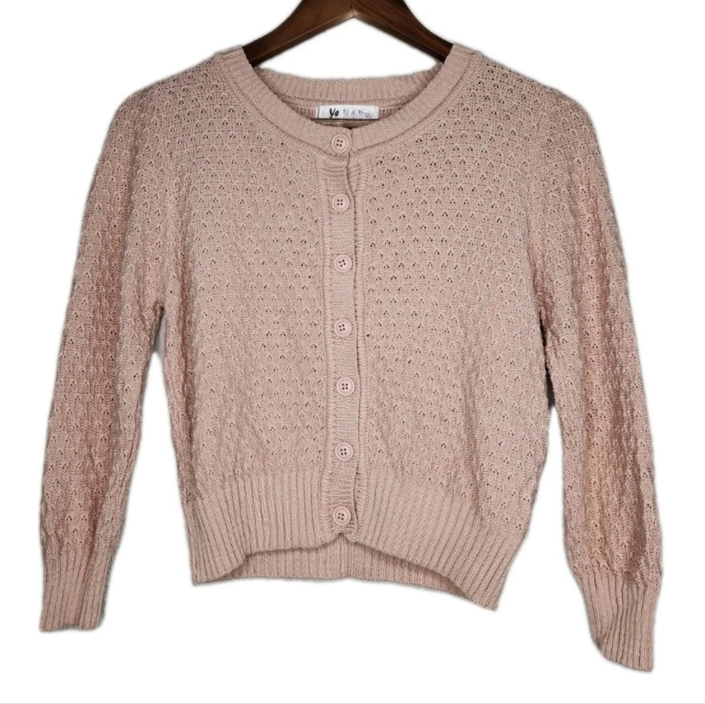 Yemak Textured Pattern Knit Cropped Cardigan in Blush Size M